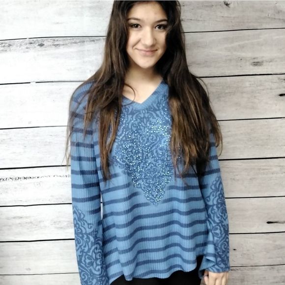 One World Tunic Top Knit Blue Rhinestone Sparkle Sz XS Boho Sparkle Cottagecore - Picture 1 of 10